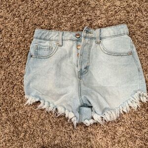 Light Blue Denim Frayed Hem Women Shorts